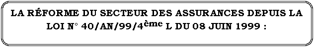 Rectangle � coins arrondis: LA R�FORME DU SECTEUR DES ASSURANCES DEPUIS LA LOI N� 40/AN/99/4�me L DU 08 JUIN 1999&nbsp;:
&nbsp;
&nbsp;BILAN ET PERSPECTIVES

